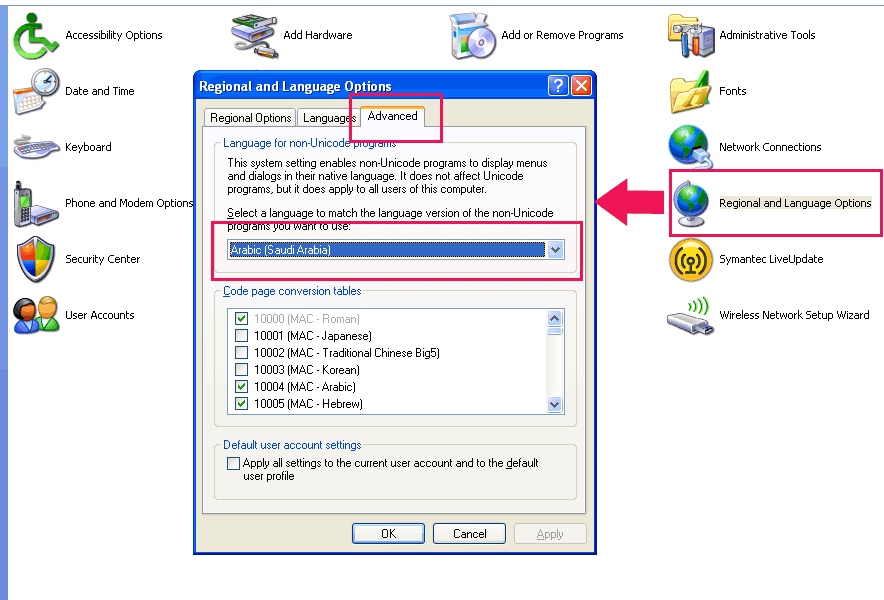 Regional and Language settings for Non Unicode applications Windows XP